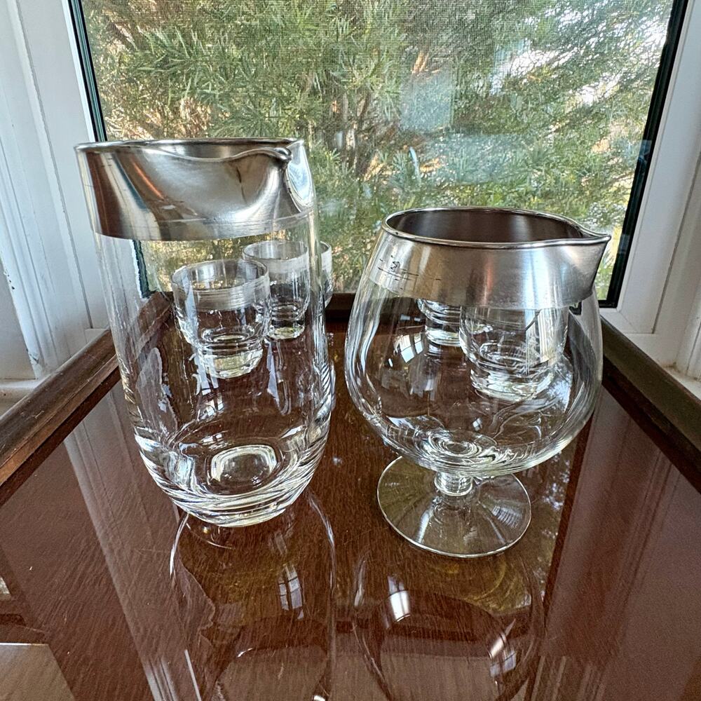 Vintage Dorothy Thorpe Silver Band Cocktail Set Pitcher & Snifter With Tumblers